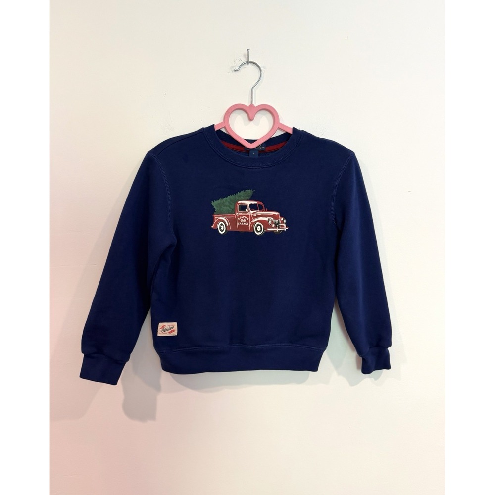 Polo Ralph Lauren Boys Sweatshirt Christmas Tree Truck Graphic Navy Fleece Sz 6